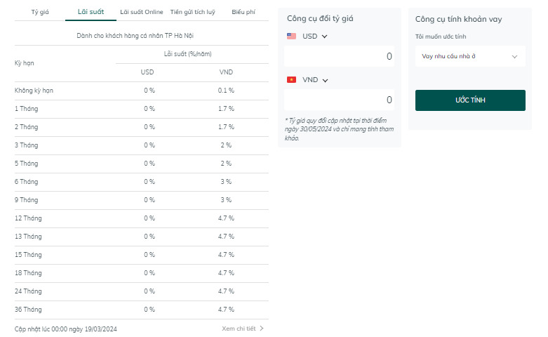 BIDV's counter deposit interest rate table. Screenshot.