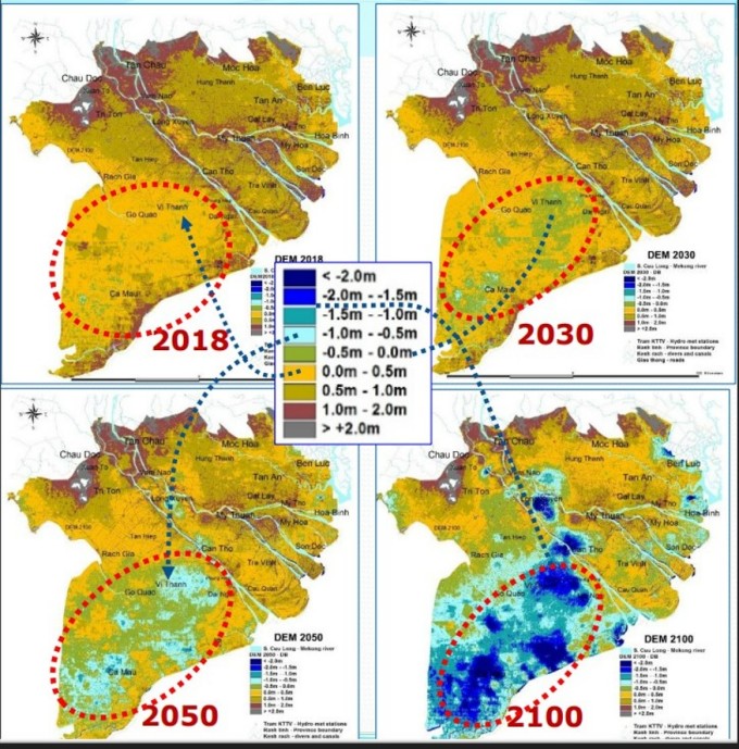ภาพภูมิประเทศที่ลาดเอียงลงเนื่องจากการทรุดตัว (สีน้ำเงิน) ในสามเหลี่ยมปากแม่น้ำโขงที่คาดการณ์ไว้ในปี 2100 ภาพ: BTC