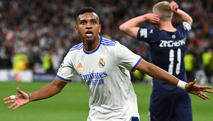 Rodrygo mừng bàn trong trận bán kết lượt về mùa 2021-2022, Real thắng Man City 3-1 tại sân Bernabeu. Ảnh: AFP