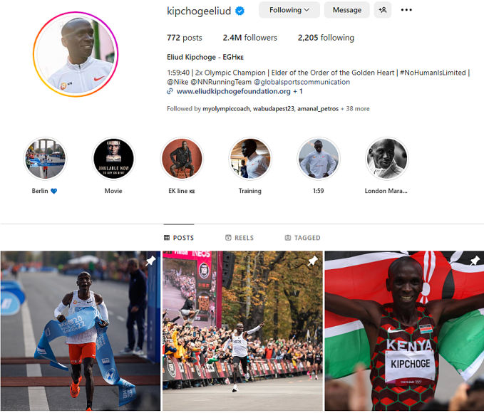 Tài khoản Instagram của Kipchoge được chỉnh sửa phần giới thiệu bản thân, bỏ chi tiết kỷ lục thế giới 2 giờ 1 phút 9 giây. Ảnh chụp màn hình