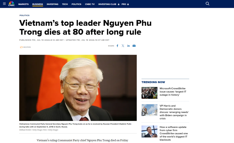 CNBC berichtete am 19. Juli, dass Generalsekretär Nguyen Phu Trong verstorben sei. Screenshot