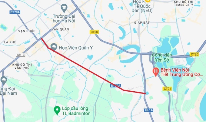 7 km đường 70 đoạn Hà Đông - Văn Điển (đoạn tô đỏ) sẽ được mở rộng lên 50 m. Ảnh: Gmap