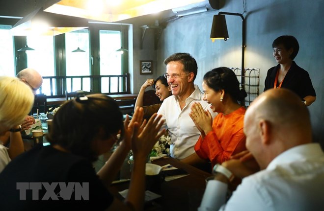 Dutch Prime Minister Mark Rutte drinks tea in Hanoi