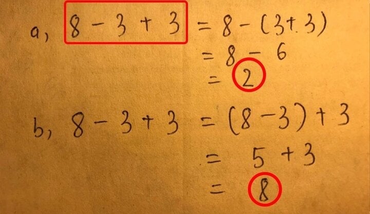 المسألة 8 - 3 + 3 ولكنها تعطي إجابتين مختلفتين تماما، 2 و 8.