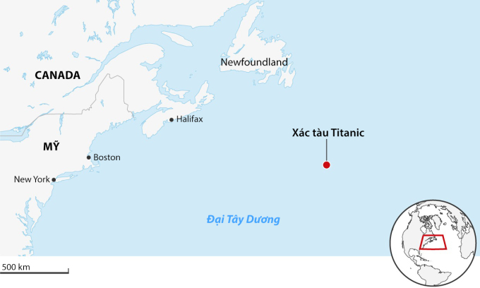 Localisation de l'épave du Titanic dans l'océan Atlantique. Illustration : Guardian