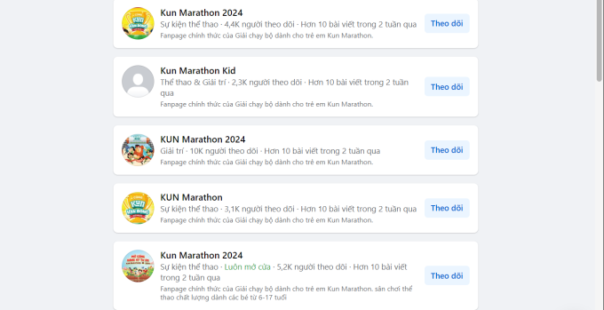 Bei der Suche nach dem Schlüsselwort „Kun Marathon“ auf Facebook werden eine Reihe gefälschter Fanseiten angezeigt. Foto: Screenshot