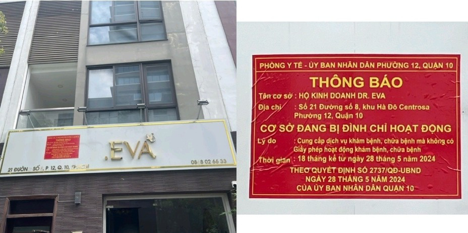 Hộ kinh doanh “DR EVA” được UBND quận 10 dán biển cảnh báo “Cơ sở đang bị đình chỉ hoạt động” - Ảnh: Sở Y tế cung cấp