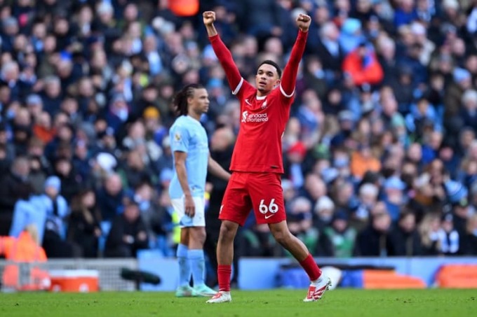 Alexander-Arnold celebrates scoring the equaliser against Man City at the Etihad Stadium on November 25. Photo: PA