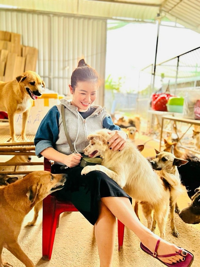 Kieu Linh mit einem Rudel von Hunderten von Hunden, um die sie sich in einem von ihr eingerichteten Tierheim in Ba Ria – Vung Tau kümmert. Foto von : Character provided