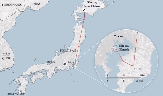 Trajectoire de vol de l'A350 de Japan Airlines avant le crash. Graphiques : AA