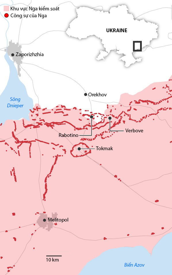 Russian defense network in Zaporizhzhia province. Graphic: WSJ