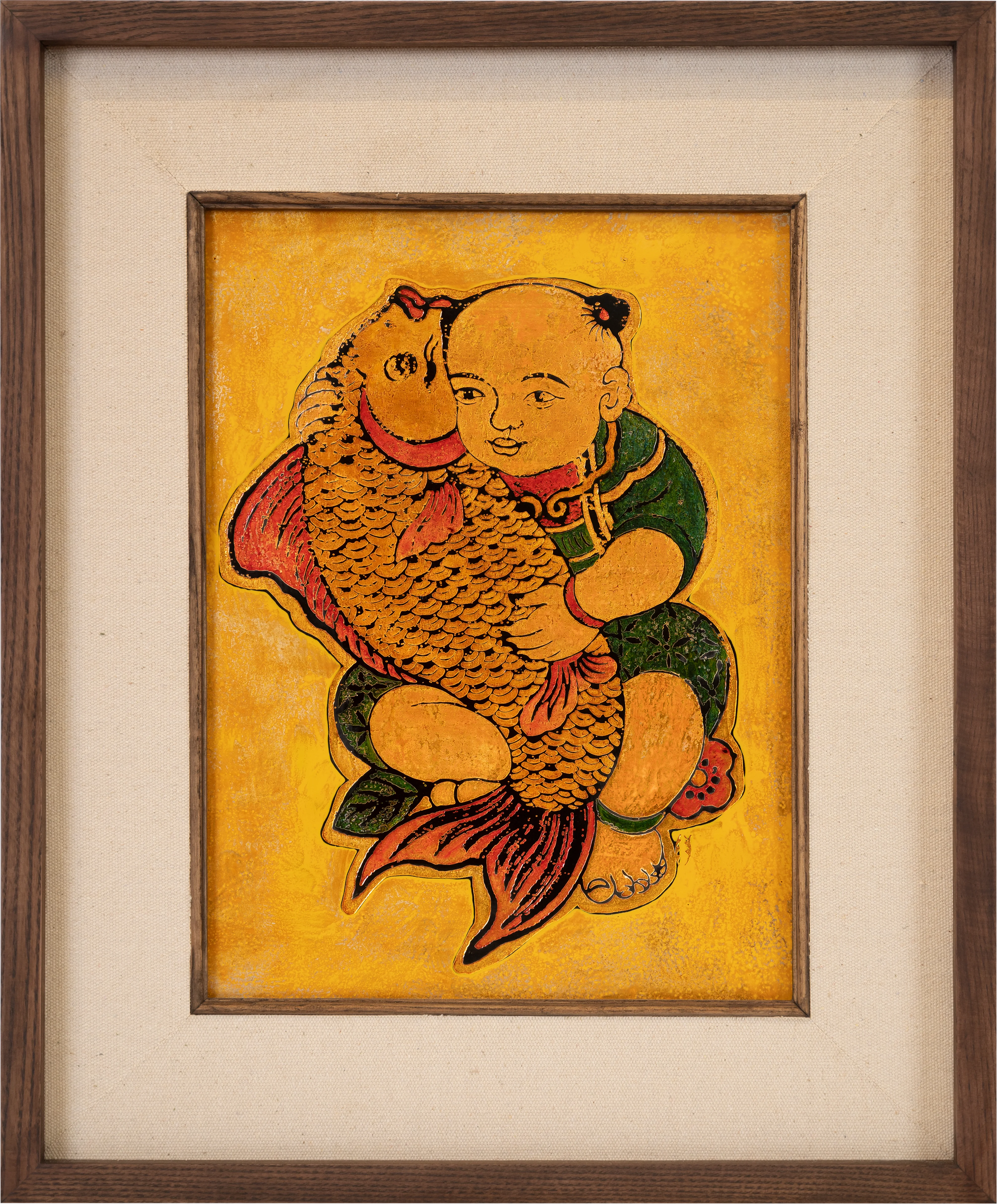 Baby holding carp painting