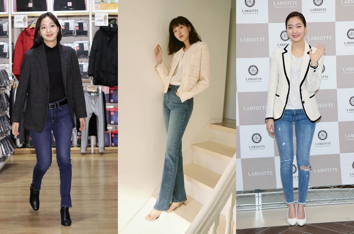 Một chiếc áo blazer phù hợp sẽ giúp việc phối đồ với quần jeans "chuẩn chỉnh" hơn rất nhiều. Nữ diễn viên diện quần jeans và chứng minh được rằng chỉ cần phối đúng, loại quần này có thể đi cùng bất kỳ loại giày dép nào, từ bốt, xăng đan và giày cao gót - Ảnh: Getty