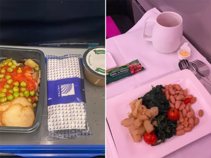 Essen in der Economy Class, serviert auf Plastiktabletts (links) und Essen auf Porzellantellern in der Business Class. Foto: Insider