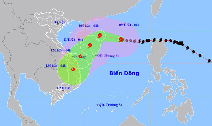 暴風雨第7号の進路と被害地域の予報。（出典：NCHMF）