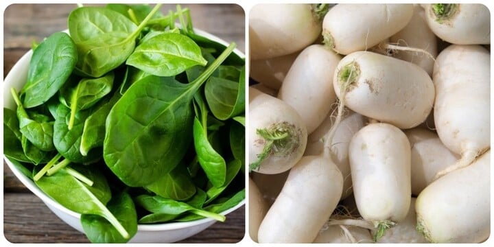 Spinach and turnips are two healthy winter vegetables.