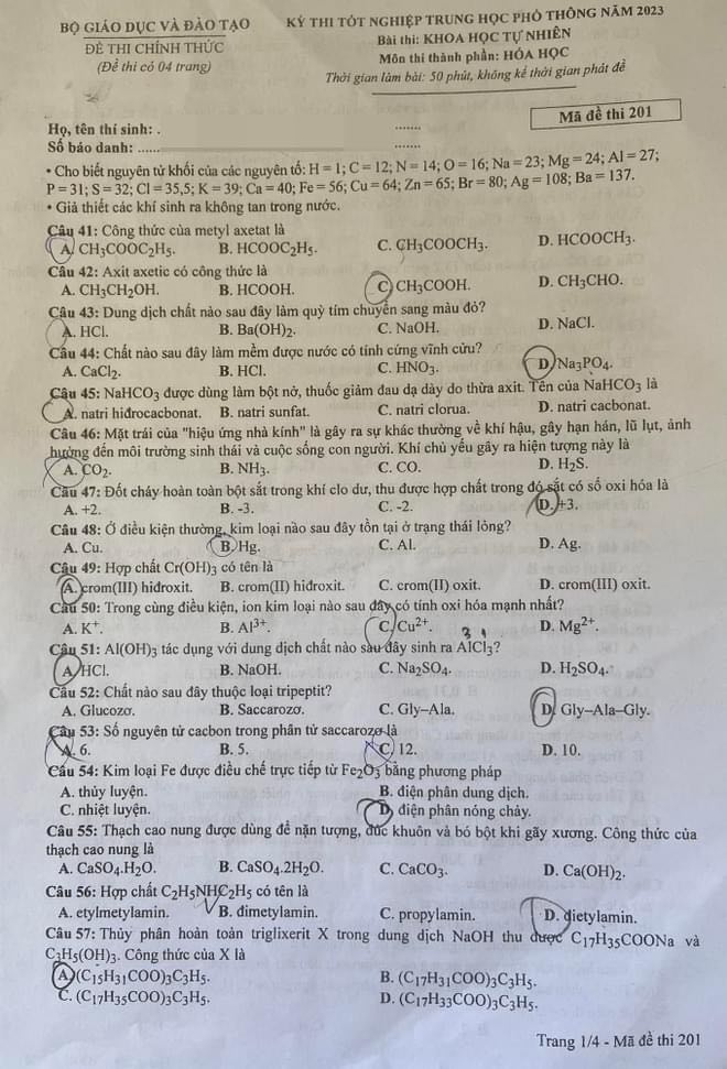 Đề thi môn Hóa tốt nghiệp THPT 3 năm gần đây có đáp án- Ảnh 1.