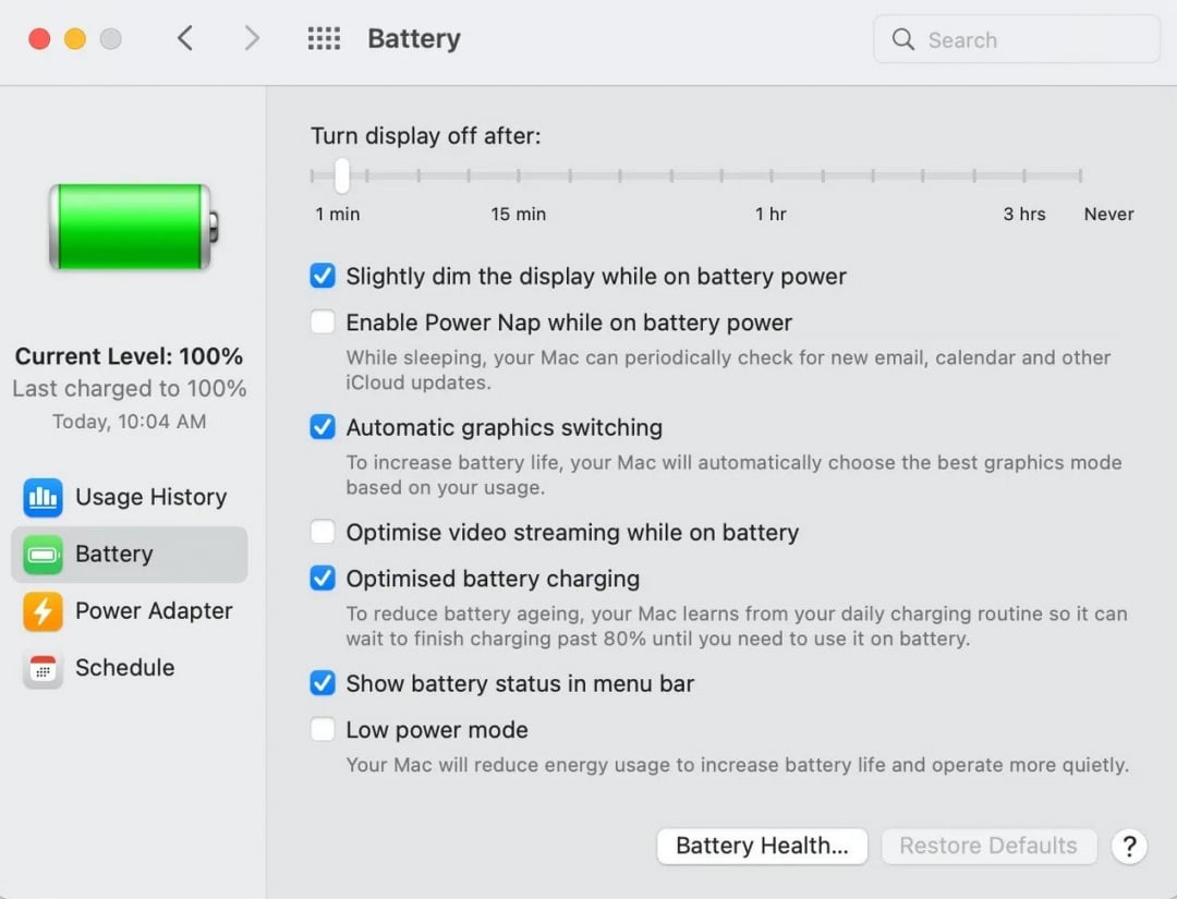 Fenêtre pour activer le mode économiseur de batterie sous macOS.