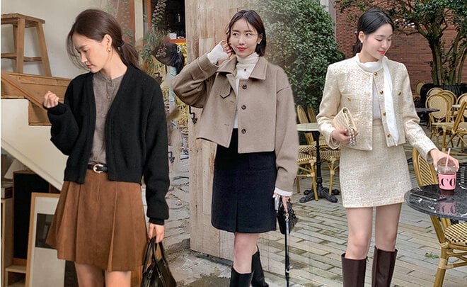 Short skirt styles combined with fall and winter fashion.