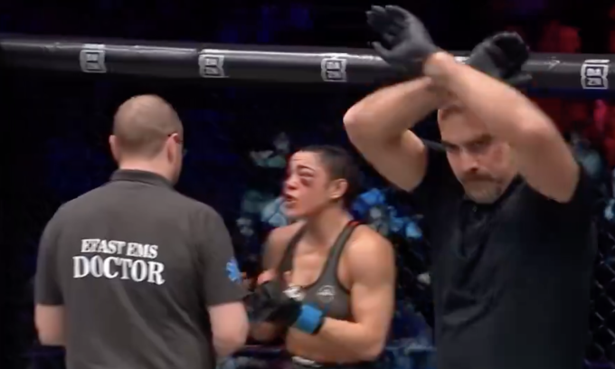 The referee ruled Scatizzi (center) out to Ditchetva after doctors determined the Italian fighter could not continue competing in the Flyweight final of the PFL Europe 4 event in Dublin, Ireland on December 8. Screenshot