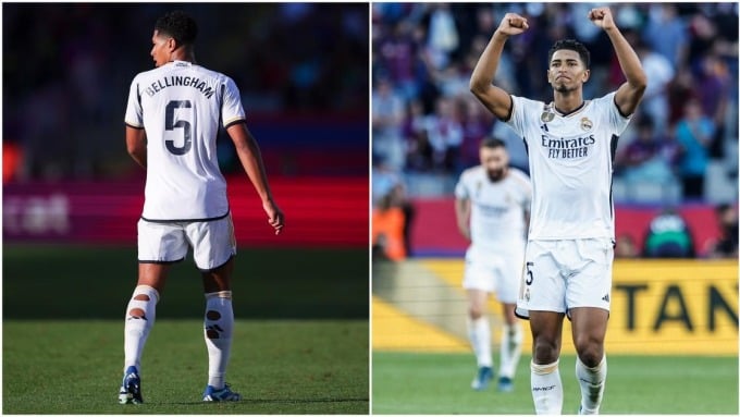 Bellingham jugó con agujeros en la parte trasera de sus calcetines durante la victoria por 2-0 del Real Madrid sobre Granada en La Liga el 2 de diciembre de 2023. Foto: NurPhoto