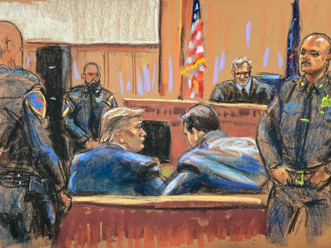 Croquis de Trump au tribunal pénal de Manhattan, à New York, le 15 avril. Photo : Reuters
