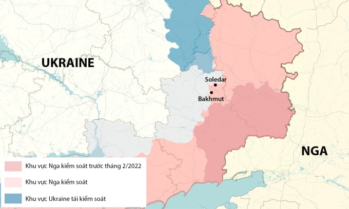 Lage der Städte Bachmut und Soledar. Grafik: RYV