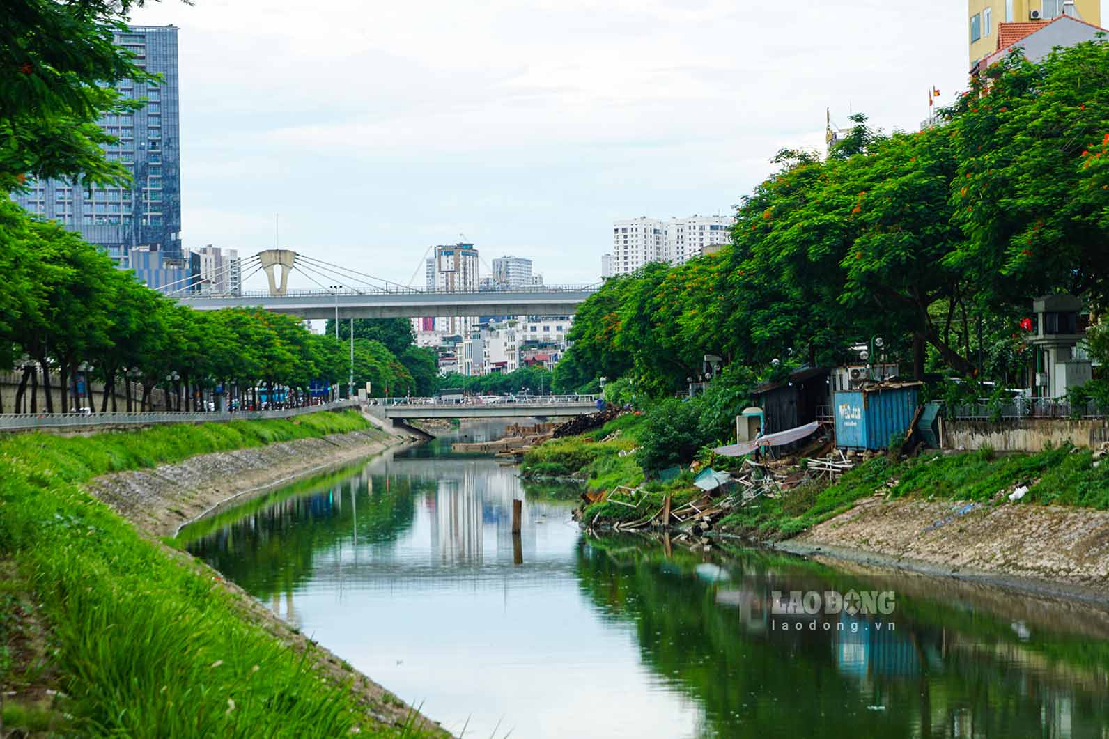 Nước sông Tô Lịch bất ngờ đổi màu xanh ngắt- Ảnh 4.