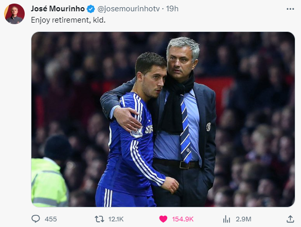 El entrenador Mourinho compartió en su página personal, tras conocer la noticia del retiro de Hazard. Captura de pantalla