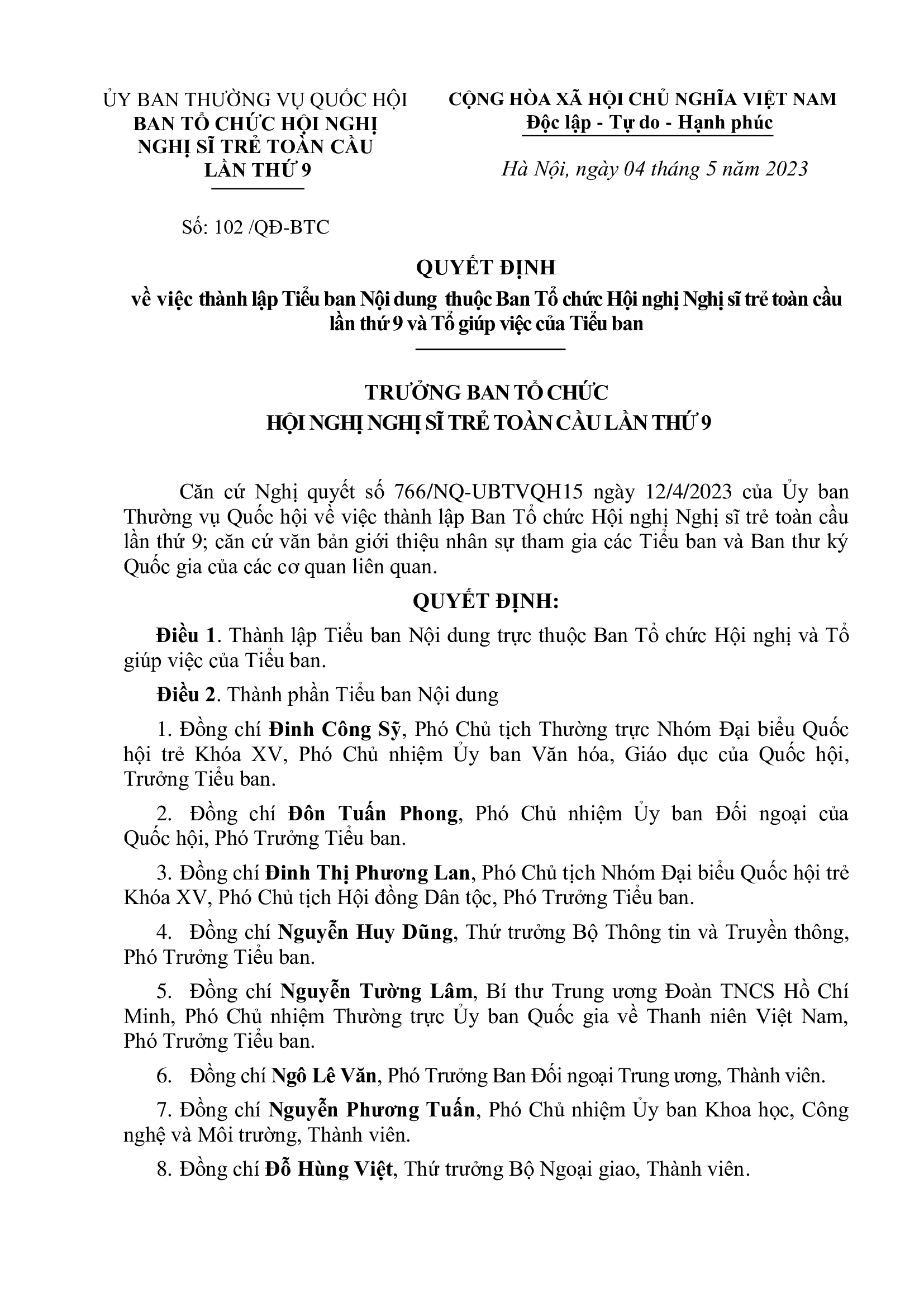 Quyết định thành lập Tiểu ban Nội dung thuộc Ban Tổ chức Hội nghị Nghị sĩ trẻ toàn cầu lần thứ 9 - Ảnh 1.