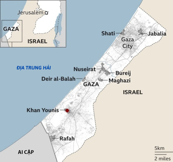 Ubicación de las ciudades en la Franja de Gaza. Gráficos: BBC