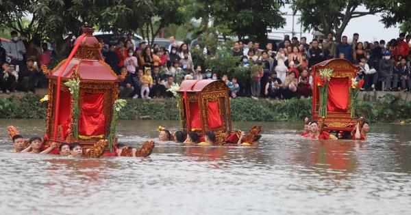 タイビン省で3台のかごが水に「飛び込む」祭りの様子