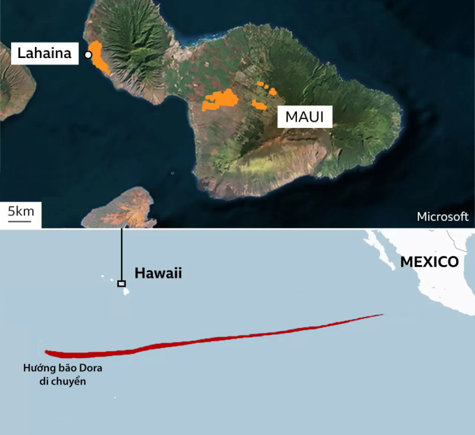 Ubicación de la isla de Maui y trayectoria del huracán Dora. Gráficos: BBC