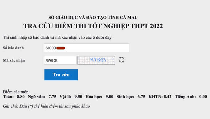 Kết quả các môn thi tốt nghiệp THPT năm 2022 của nam sinh Cà Mau. Ảnh:An Minh