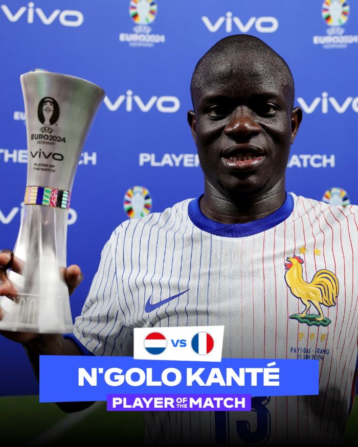 Kante giành danh hiệu “Cầu thủ xuất sắc nhất” ở 2 trận đầu của tuyển Pháp tại EURO 2024. Ảnh: UEFA