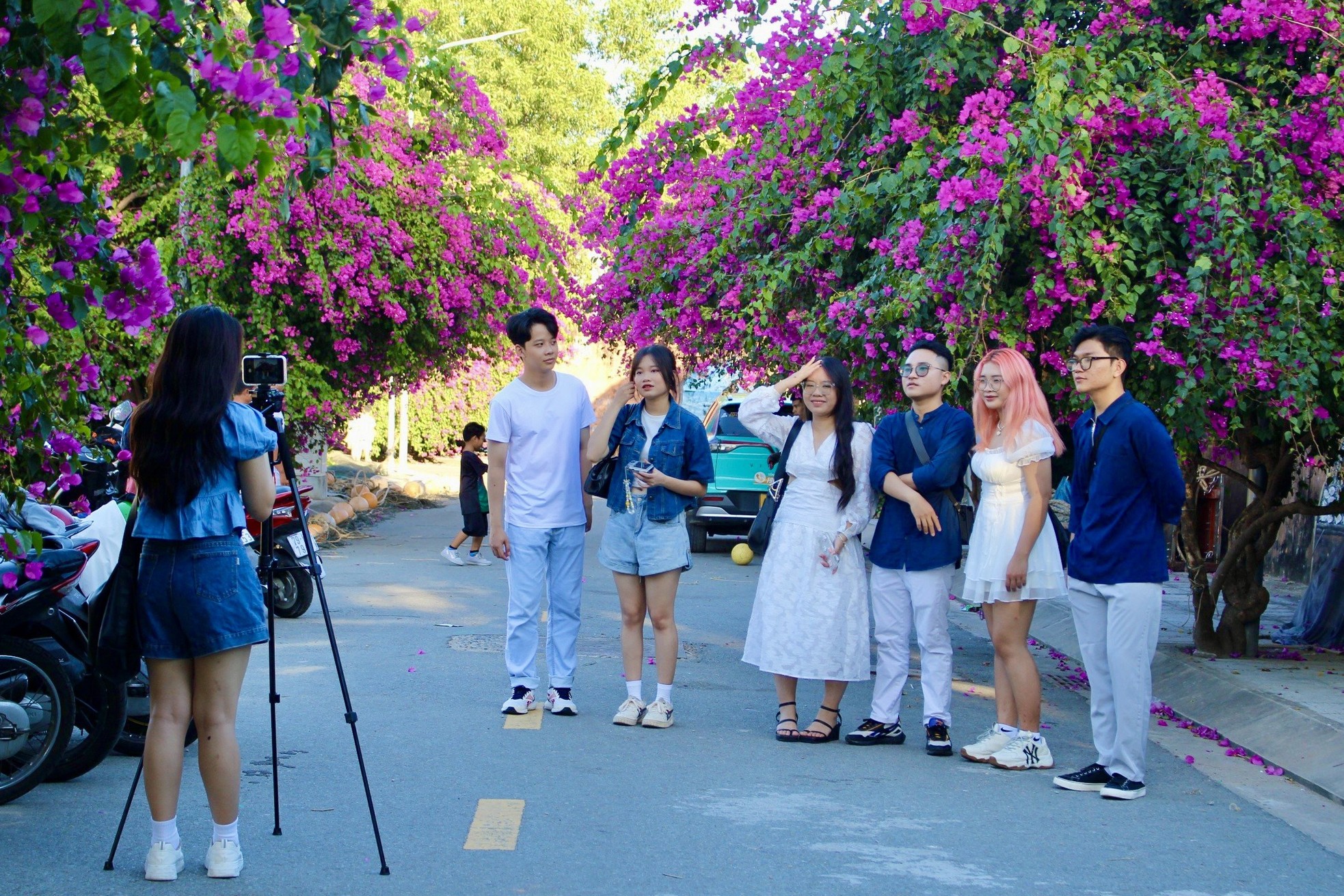 Junge Leute genießen es, in der leuchtenden Bougainvillea-Straße in Nha Trang einzukehren. Foto 3