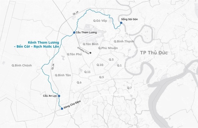 Hướng tuyến kênh Tham Lương - Bến Cát - rạch Nước Lên. Đồ hoạ: Khánh Hoàng