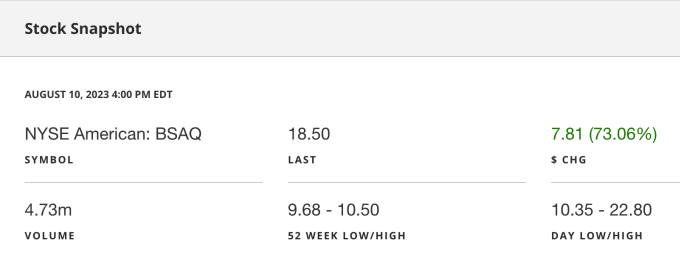 BSAQ stock information after trading session on August 10. Photo: Black Spade Acquisition