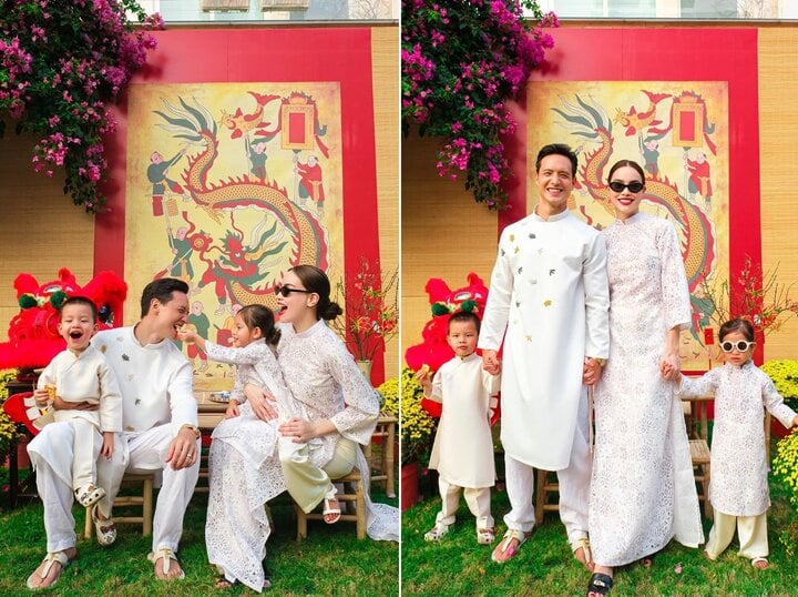 La famille de Ho Ngoc Ha et Kim Ly porte l'Ao Dai à l'occasion du Nouvel An lunaire 2024.