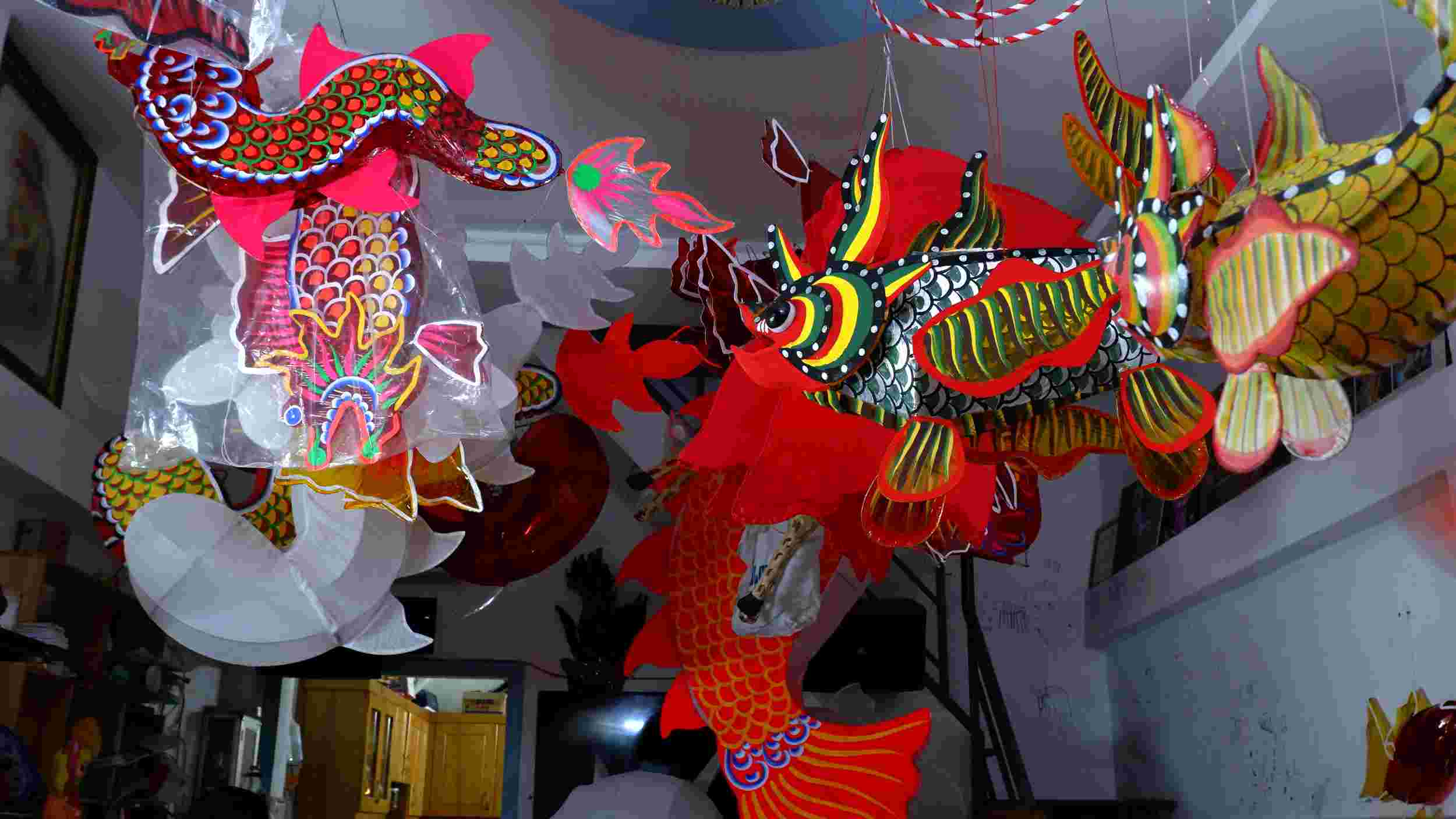 Lanterns in different animal shapes hang in Mr. Chien's house. Photo: Phuong Uyen
