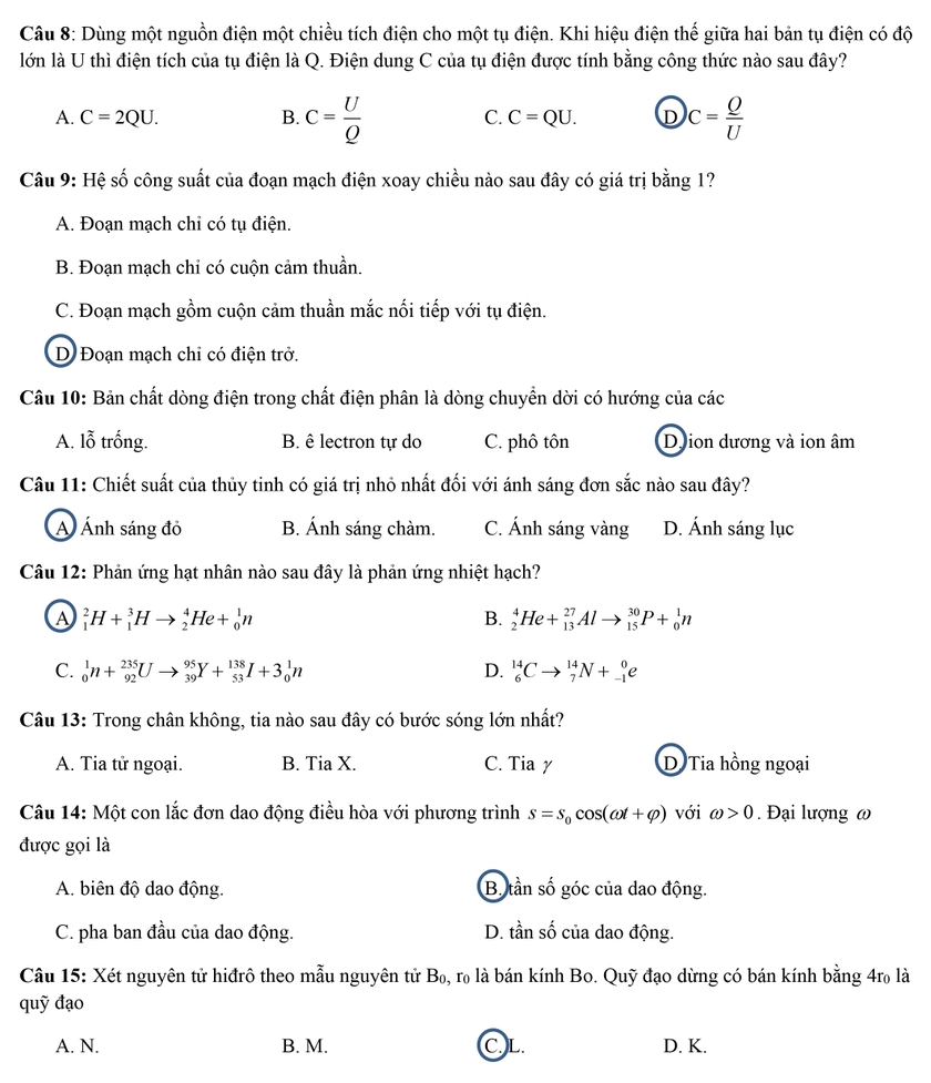  Chi tiết đề thi, đáp án các môn vật lý, hóa học, sinh học ảnh 15