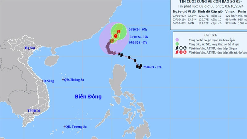 Bão số 5 đã di chuyển ra ngoài Biển Đông. (Nguồn: nchmf.gov.vn)