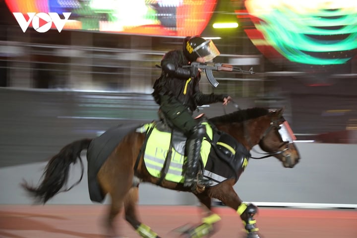 Horseback rider holding gun to suppress crime.