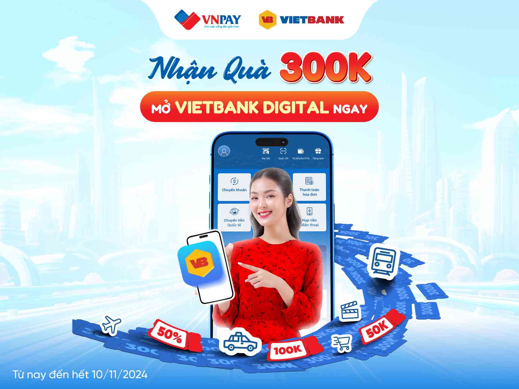 Vietbank Digital 계좌 개설 시 30만 VND 상당의 유틸리티 콤보를 받으세요