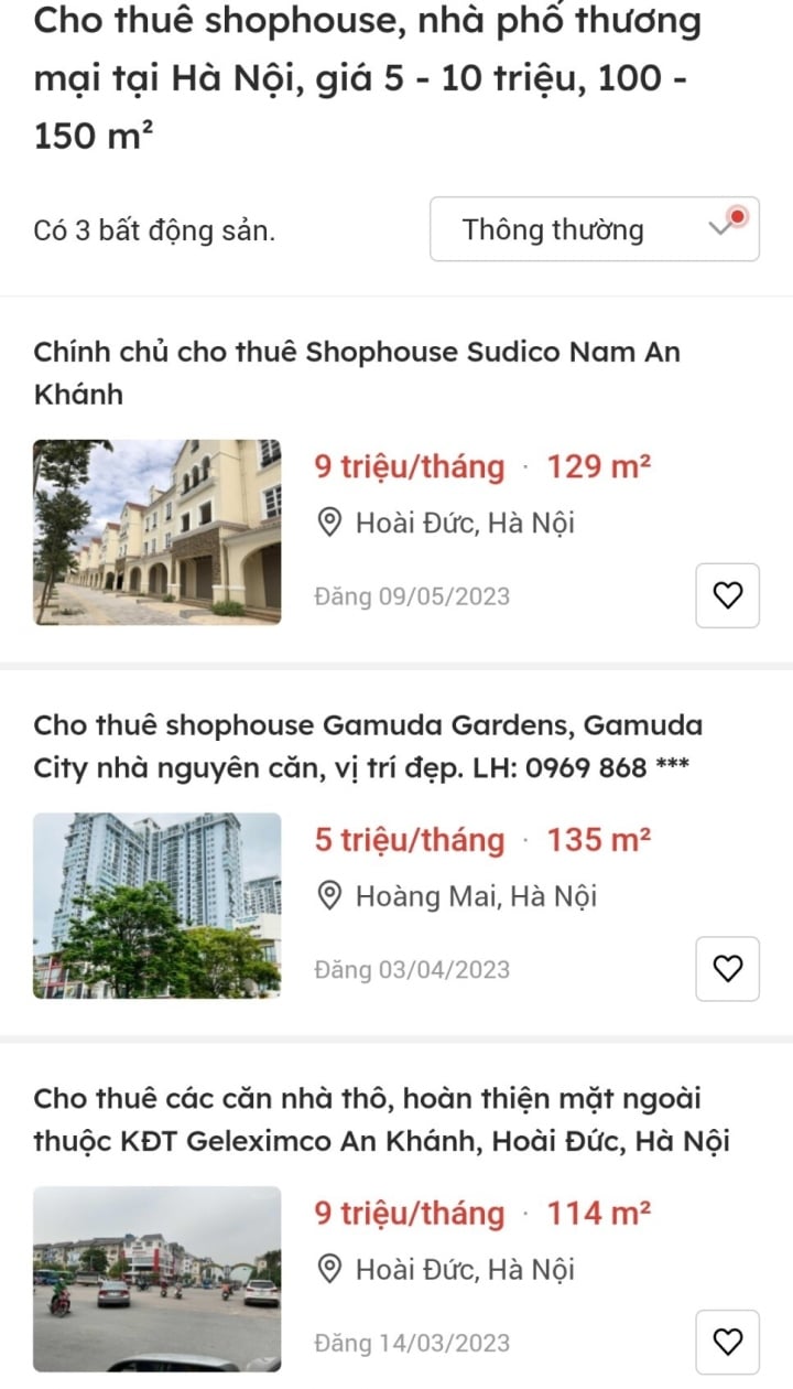 Giá chào thuê "bèo bọt" của shophouse trên các trang bất động sản.