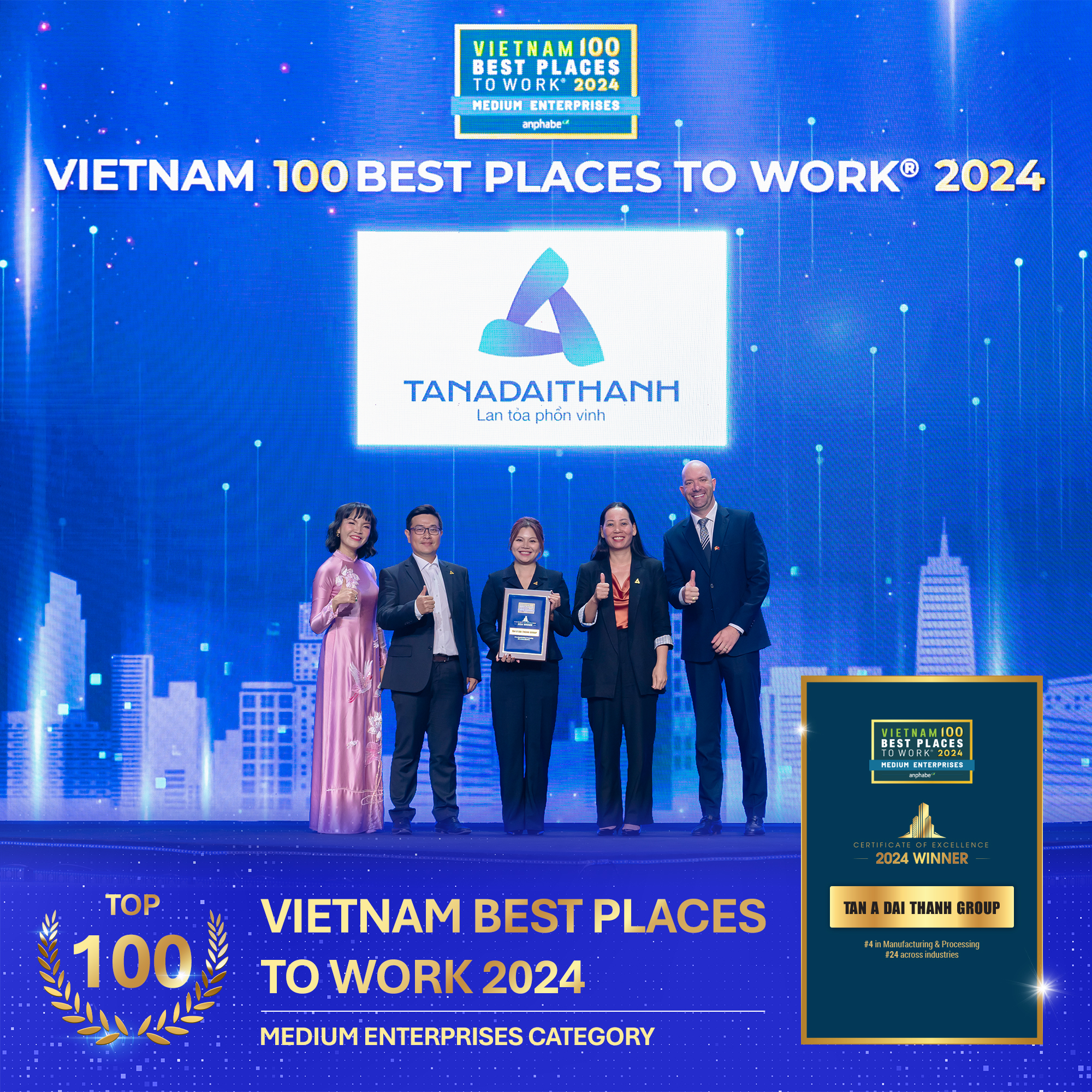 กลุ่ม Tan A Dai Thanh รู้สึกภูมิใจที่ได้รับเกียรติให้เป็นหนึ่งใน 100 สถานที่ทำงานที่ดีที่สุดในเวียดนามประจำปี 2024