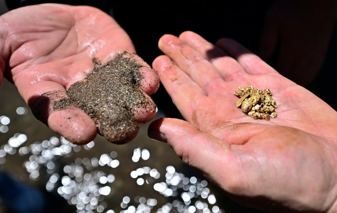 Albert Fausel (derecha) muestra el oro que extrajo en el río Cosumnes, a las afueras de Placerville, el 28 de abril. Foto: AFP