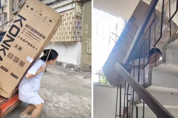 Cao Huu Duyen ayudó a su padre a trasladar el refrigerador hasta el cliente. Foto: SCMP