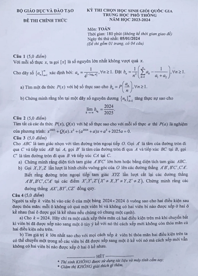 Đề Toán thi học sinh giỏi quốc gia ngày 1