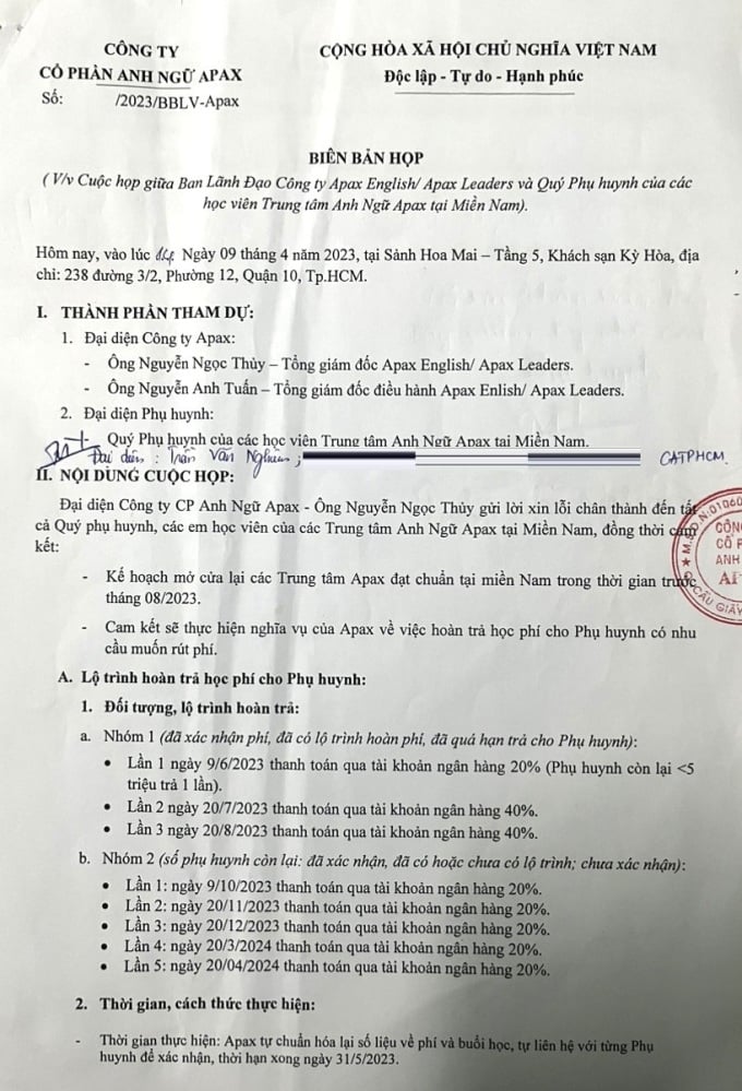 Biên bản cuộc hợp giữa ông Nguyễn Ngọc Thủy và phụ huynh miền Nam hôm 9/4. Ảnh: Phụ huynh cung cấp